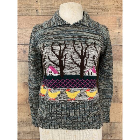 Vintage 1970s Mister Noah Cottage Farm Chicken Knit Novelty Sweater Sz S - Picture 1 of 10